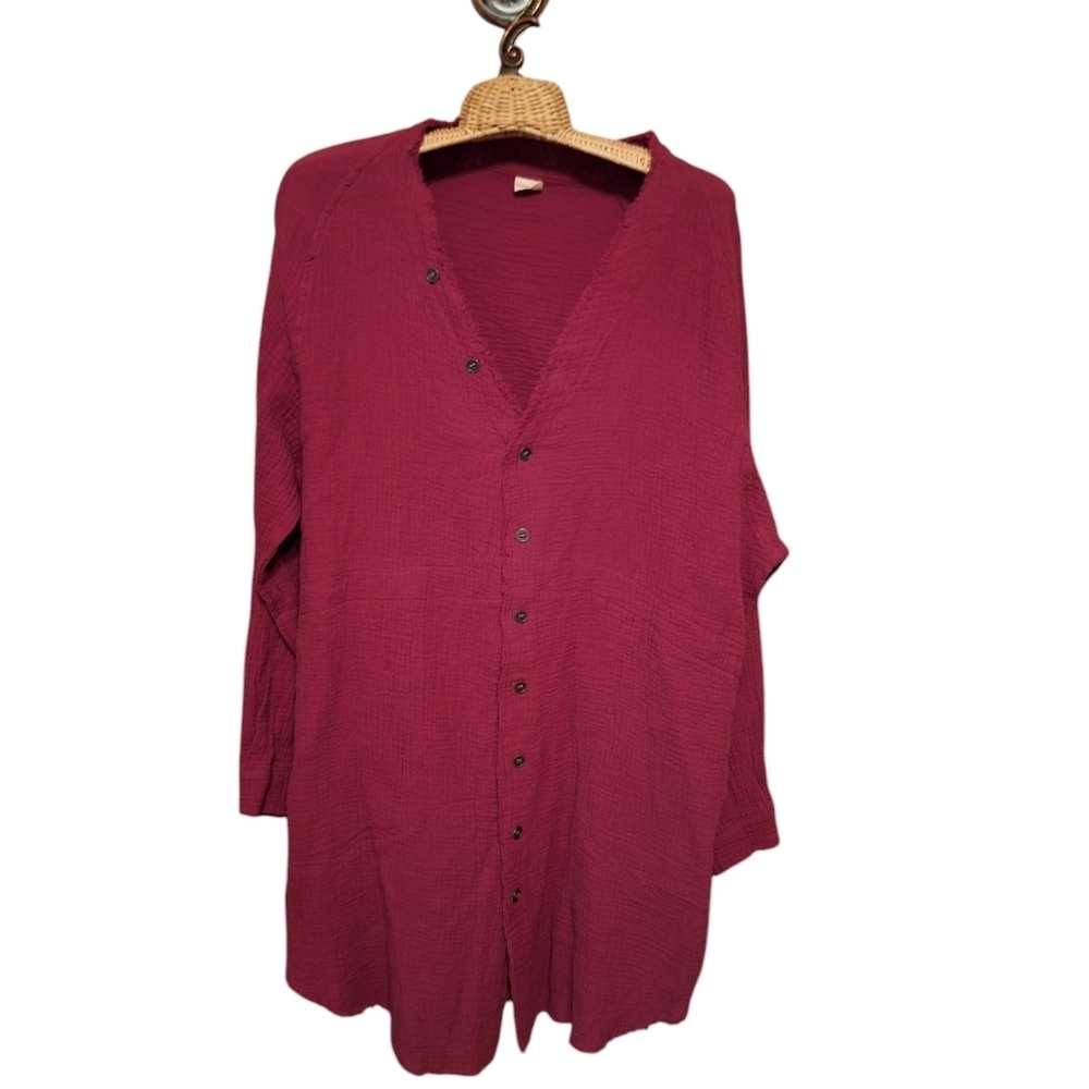 Burgundy Oversized Button Down Cotton Tunic Ladies Small Lagenlook BEACHY Boho
